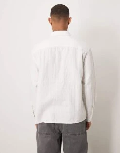 Abercrombie & Fitch Textured Long Sleeve Relaxed Shirt In White For Men Bright White -Abercrombie and Fitch Fashion Shop 207886221 4