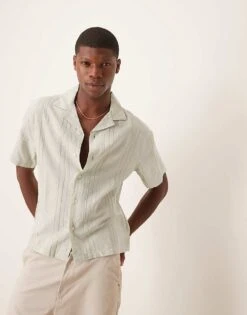 Abercrombie & Fitch Textured Linen Collar Detail Short Sleeve Shirt In Green For Men