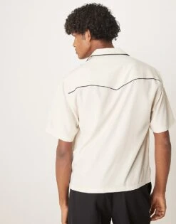 Abercrombie & Fitch Bowling Shirt With Contrast Seams In Cream For Men Oatmeal W/ Phantom -Abercrombie and Fitch Fashion Shop 207886357 4