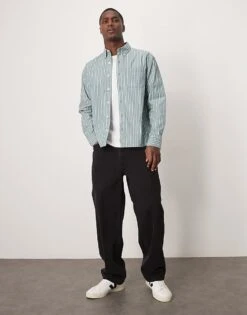 Abercrombie & Fitch Oxford Long Sleeve Shirt In Grey Stripe For Men Mint/white Stripe -Abercrombie and Fitch Fashion Shop 207886397 4