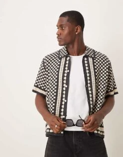 Abercrombie & Fitch Crochet Knitted Abstract Shirt In Black Multi For Men Phantom / Fog