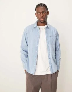 Abercrombie & Fitch Long Sleeve Cropped Western Denim Shirt In Blue Wash For Men Blue Denim